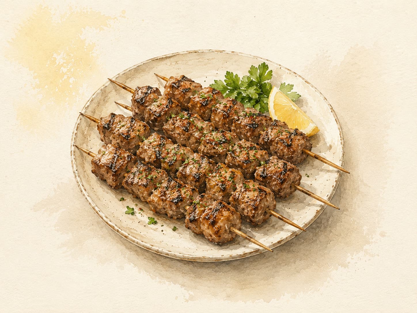 Grilled lamb kebabs garnished with fresh herbs and spices.