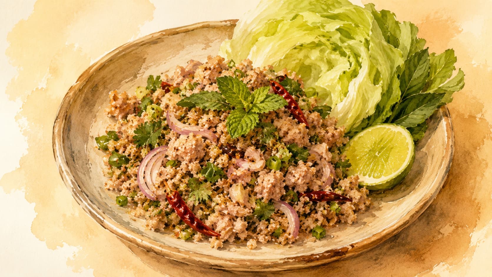 美しく盛り付けられたラープ・ガイの料理。