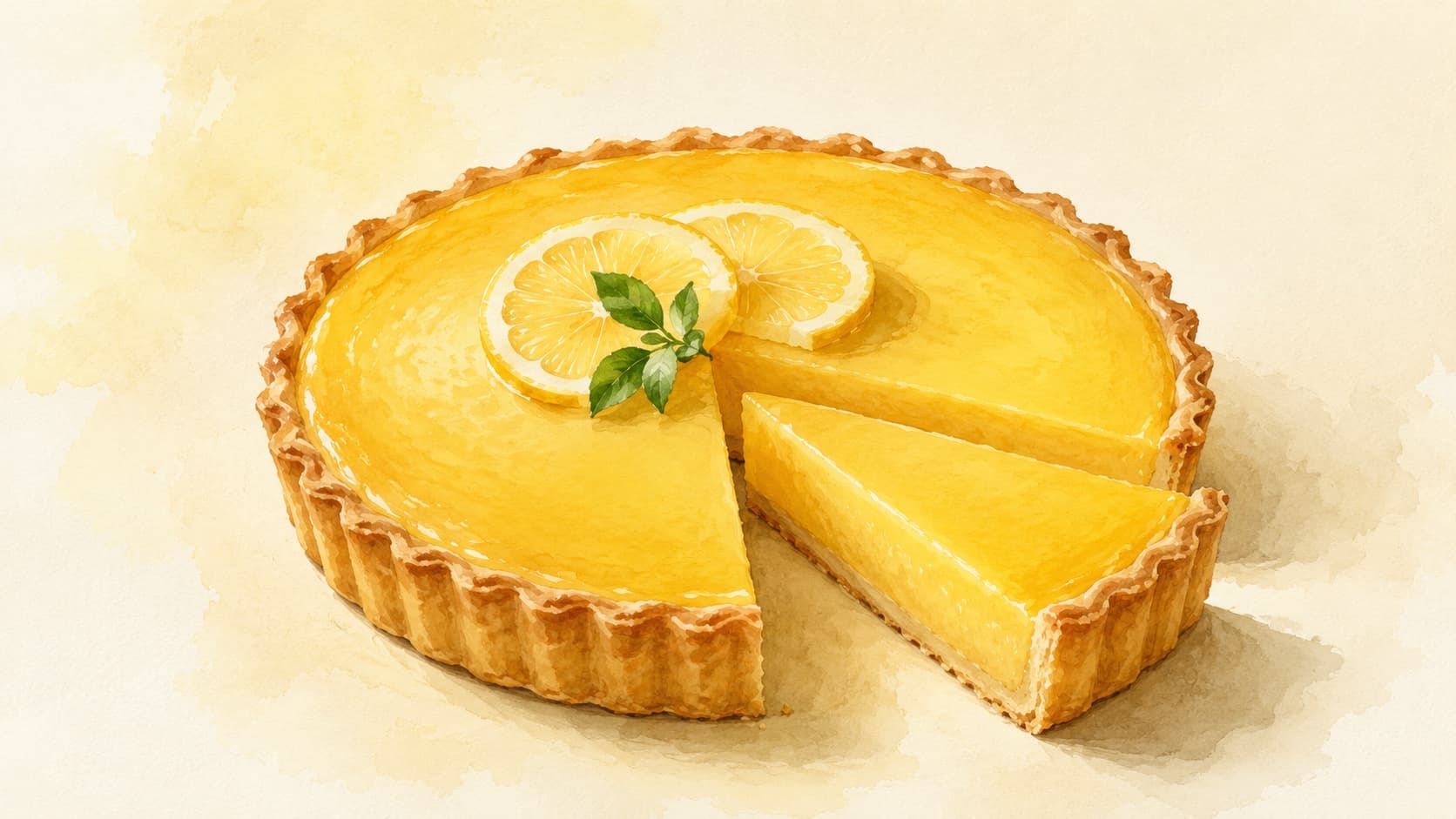A bright lemon tart with a golden crust and glossy filling.