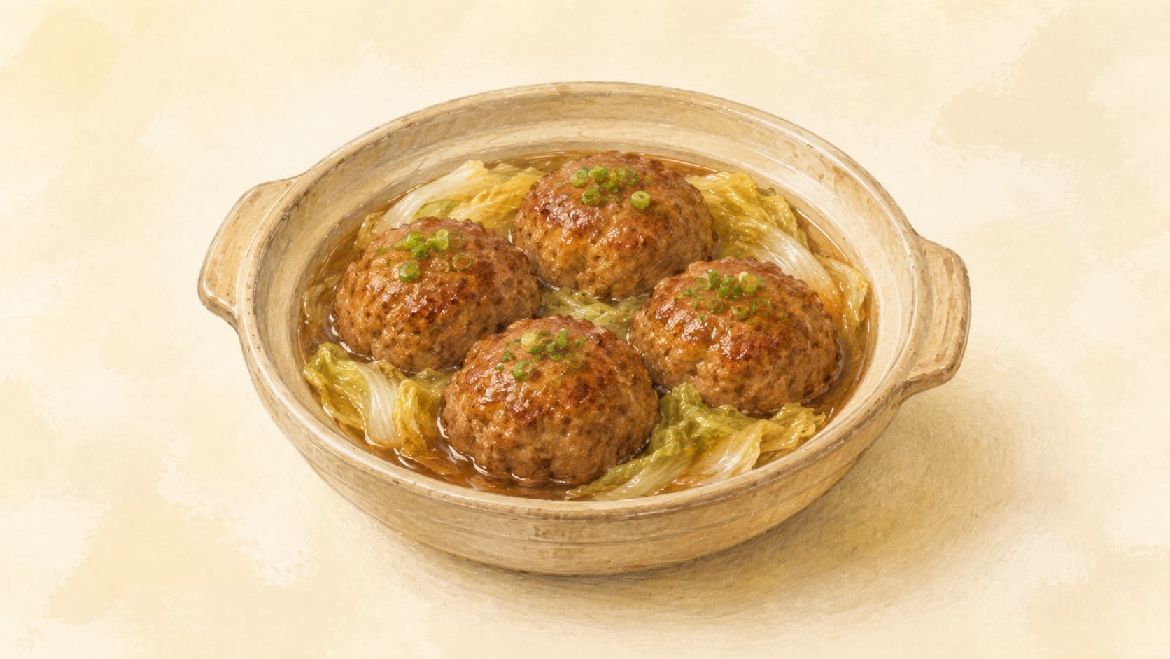 Large, succulent meatballs nestled in a bed of leafy greens.