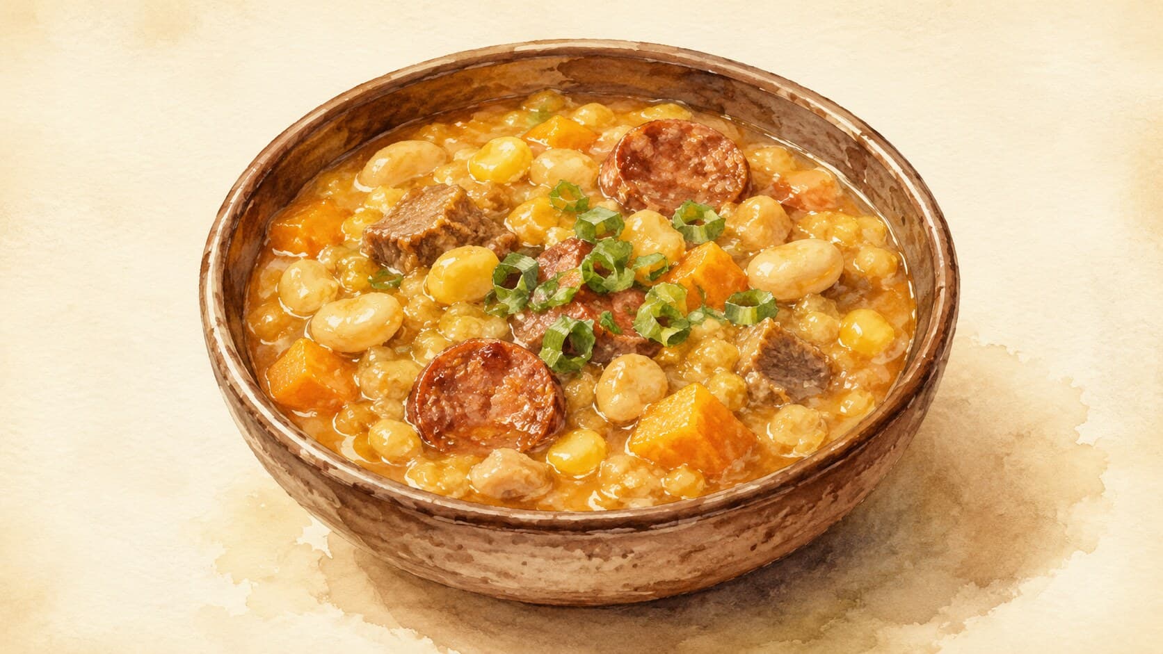 A golden-amber Argentine locro in an earthenware bowl with white beans, pumpkin chunks, and red paprika oil on top.
