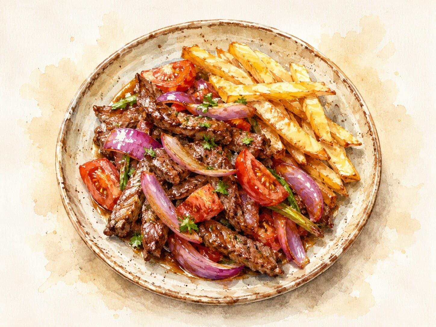 A beautifully illustrated Lomo Saltado featuring colorful beef, onions, and tomatoes served over crispy fries.
