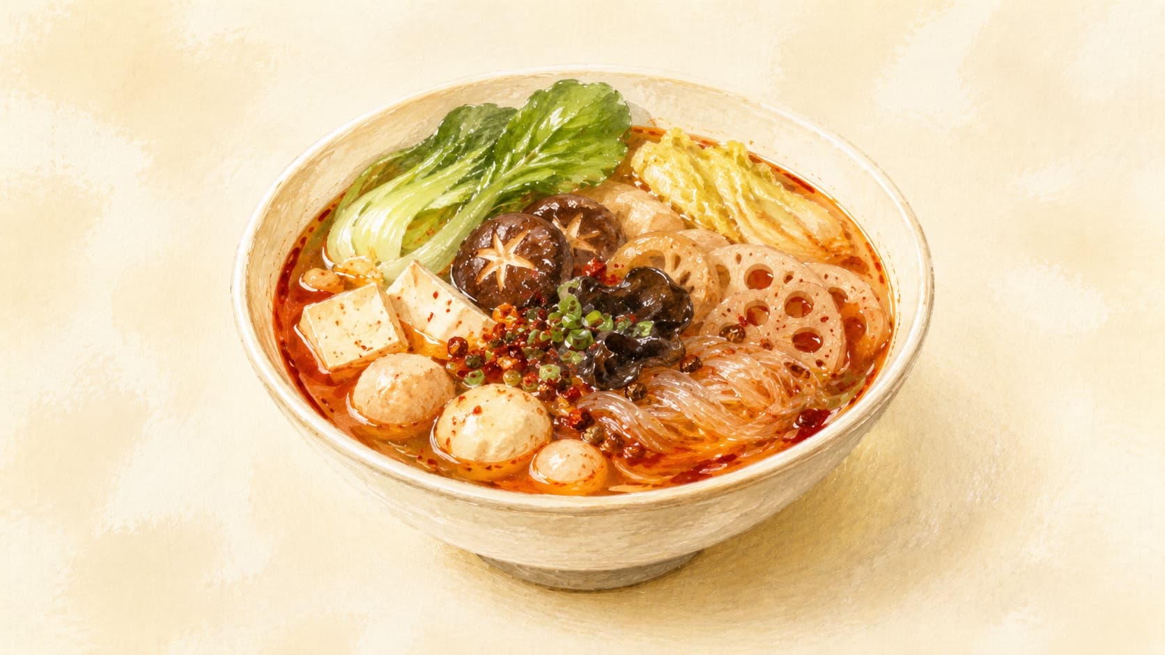A vibrant bowl of Mala Tang with colorful vegetables and noodles.