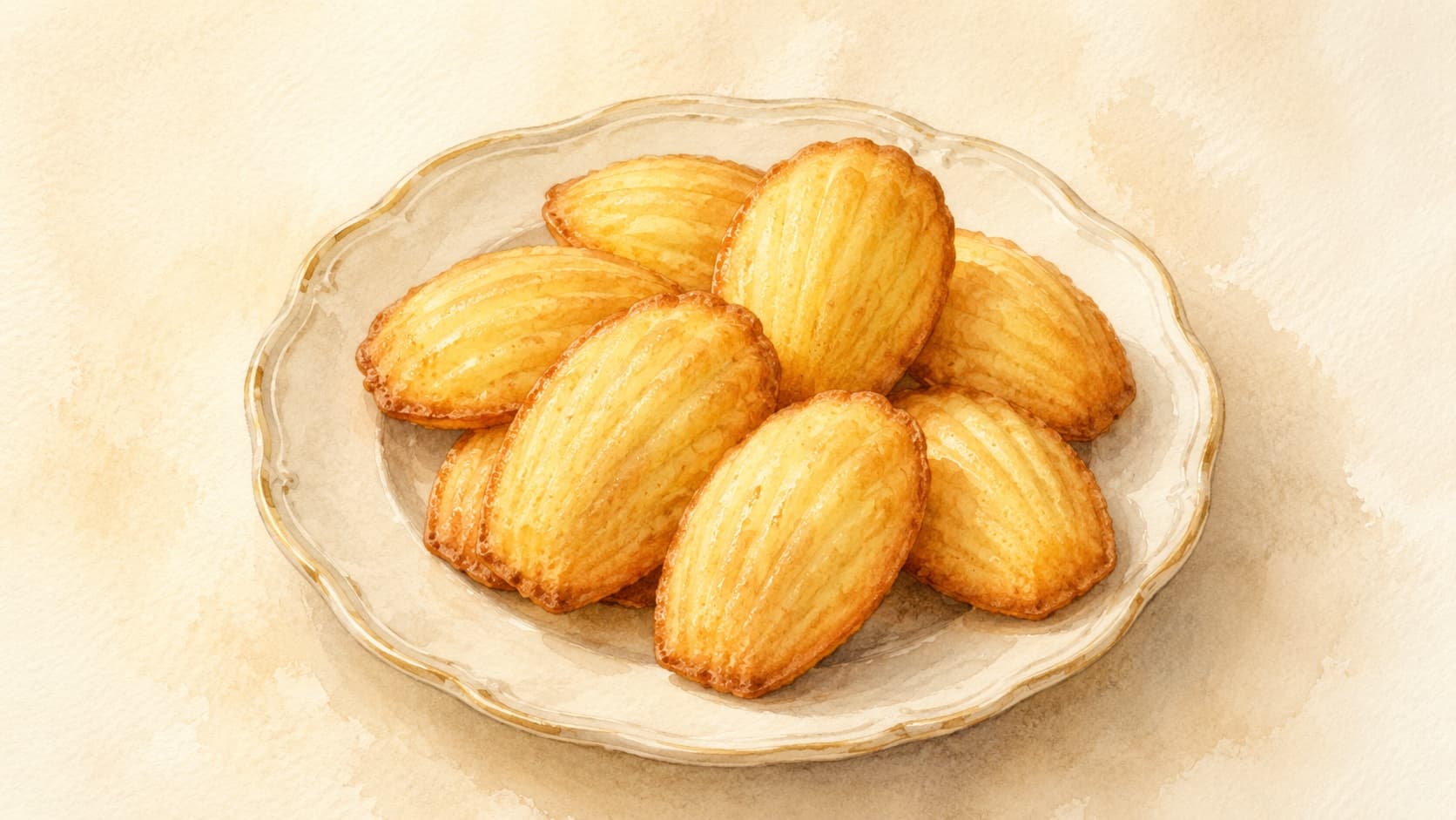 A beautifully arranged plate of golden-brown madeleines with a shell shape.