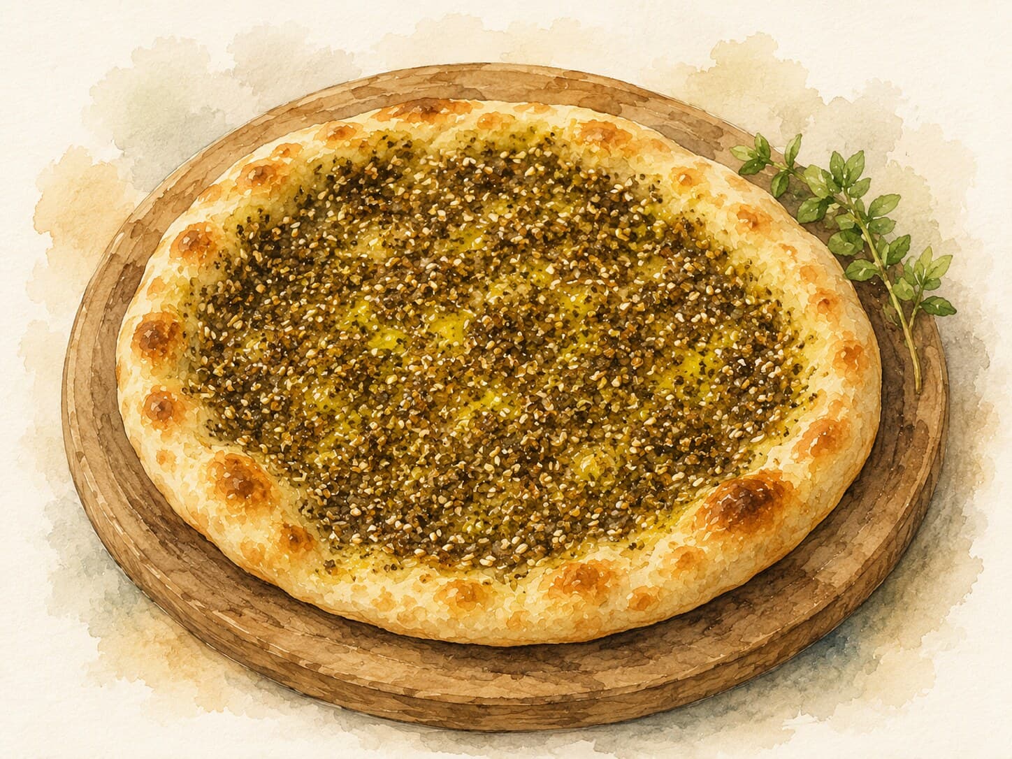 A beautifully baked Manakish Zaatar flatbread topped with a vibrant za'atar and olive oil blend.