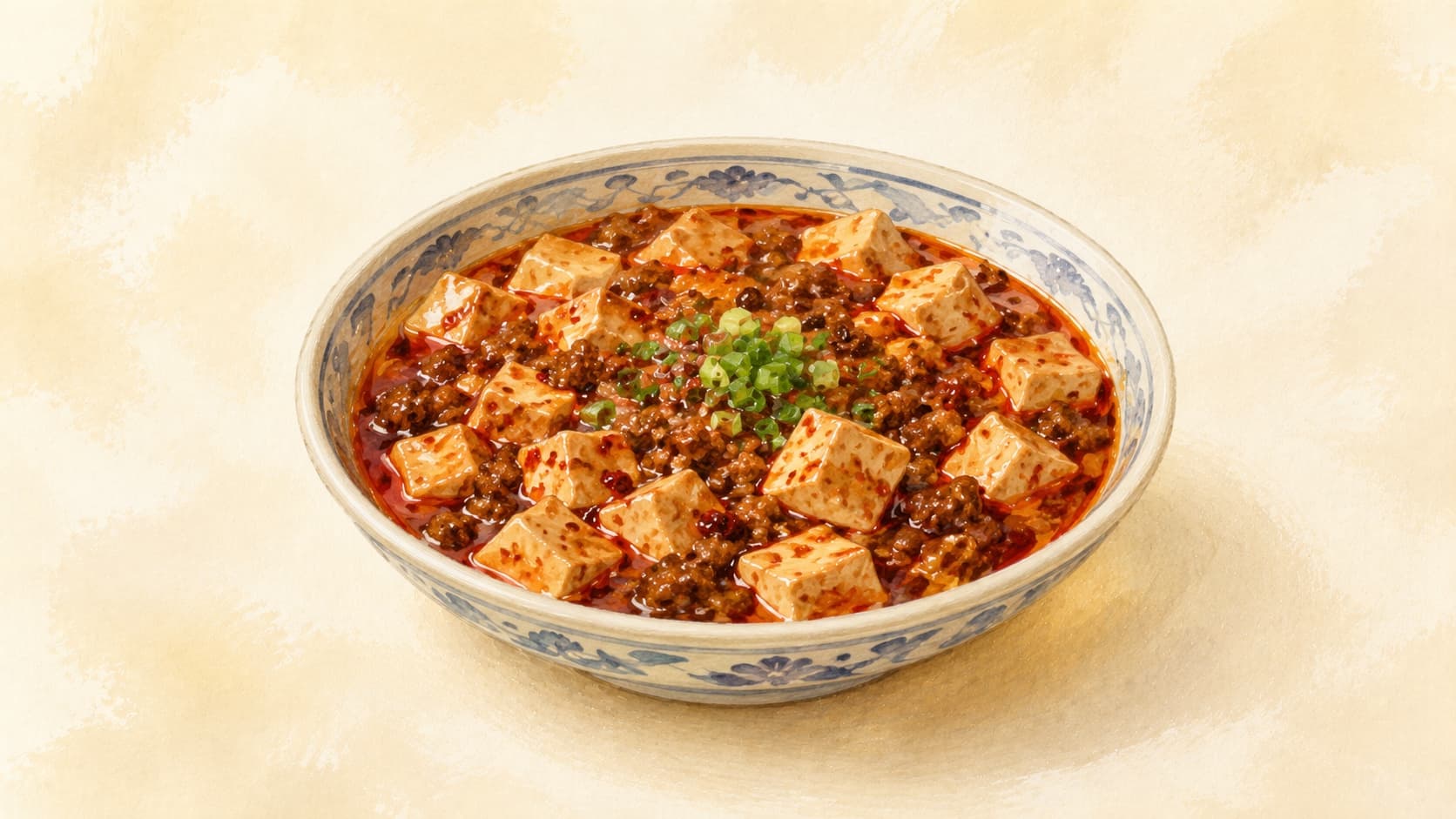 A vibrant plate of Mapo Tofu with a rich sauce and garnished with green onions.