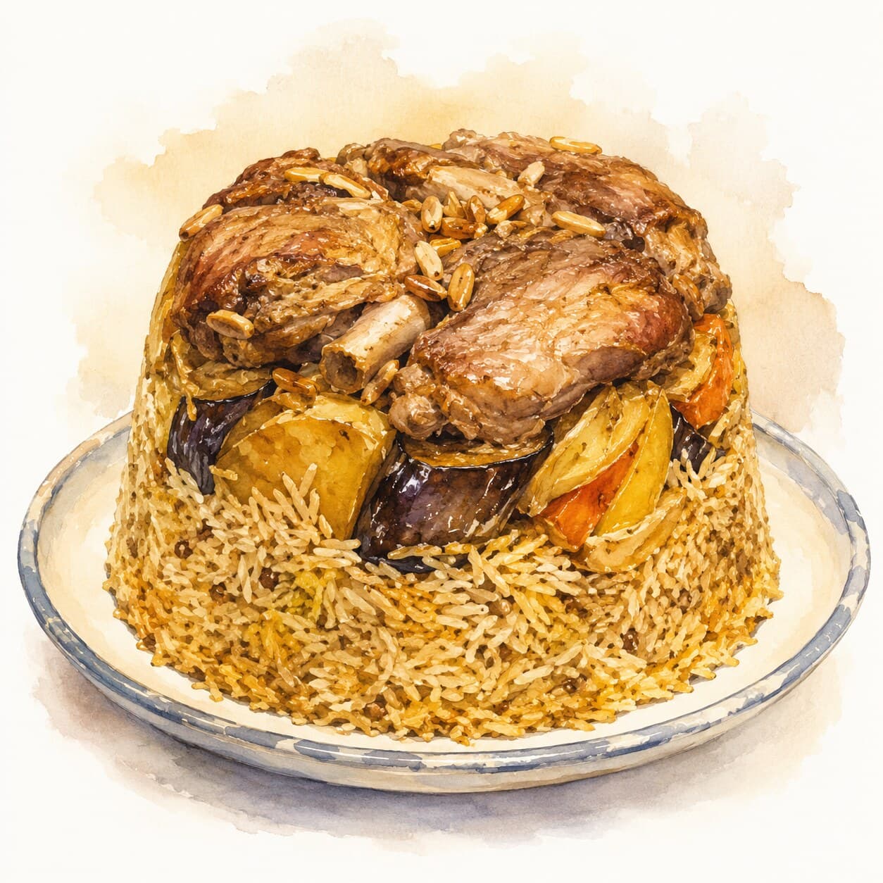 A beautifully flipped Maqluba showcasing layers of rice, chicken, and vegetables.