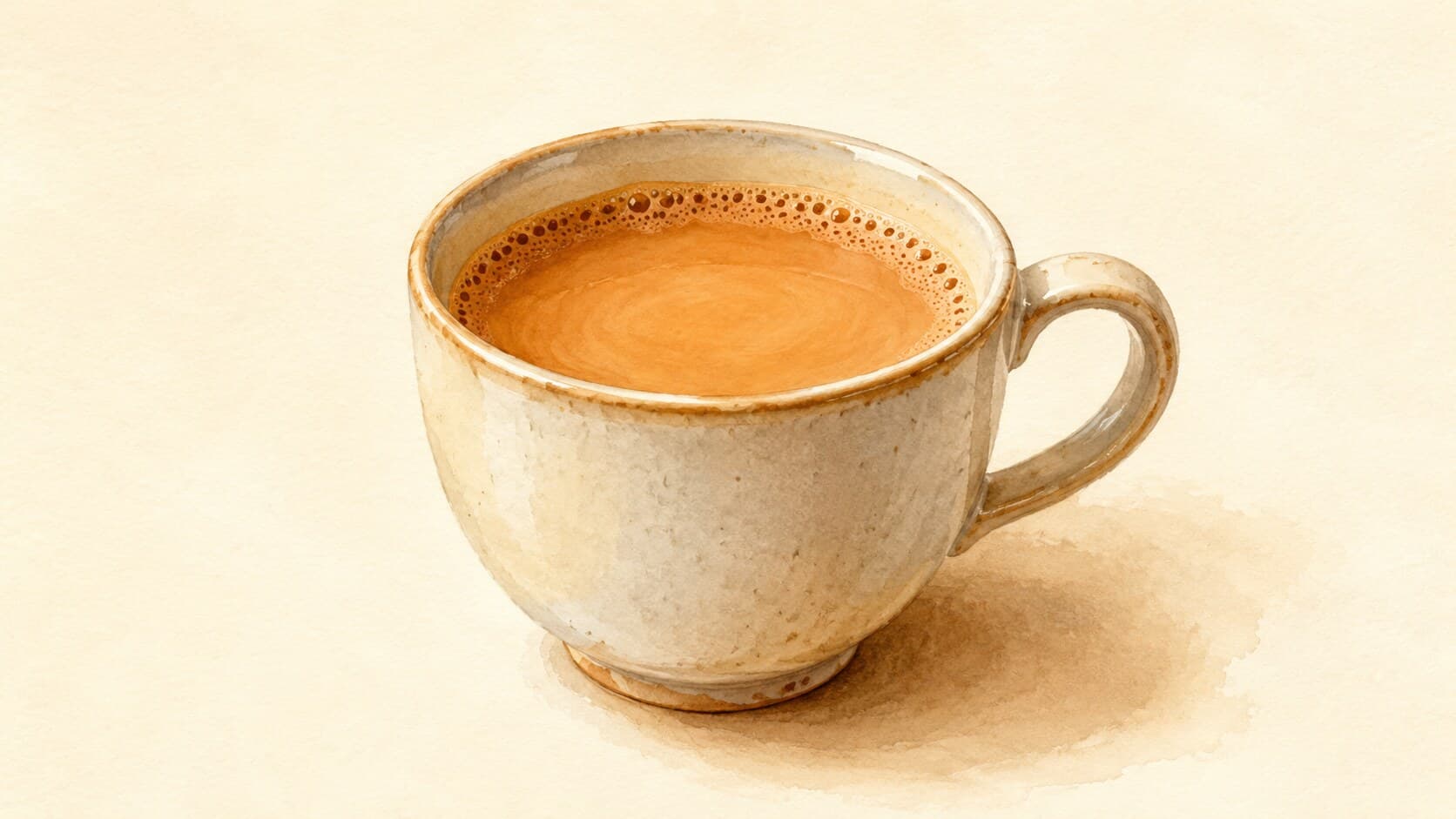Cream-colored hot tea in a small ceramic cup with light foam.