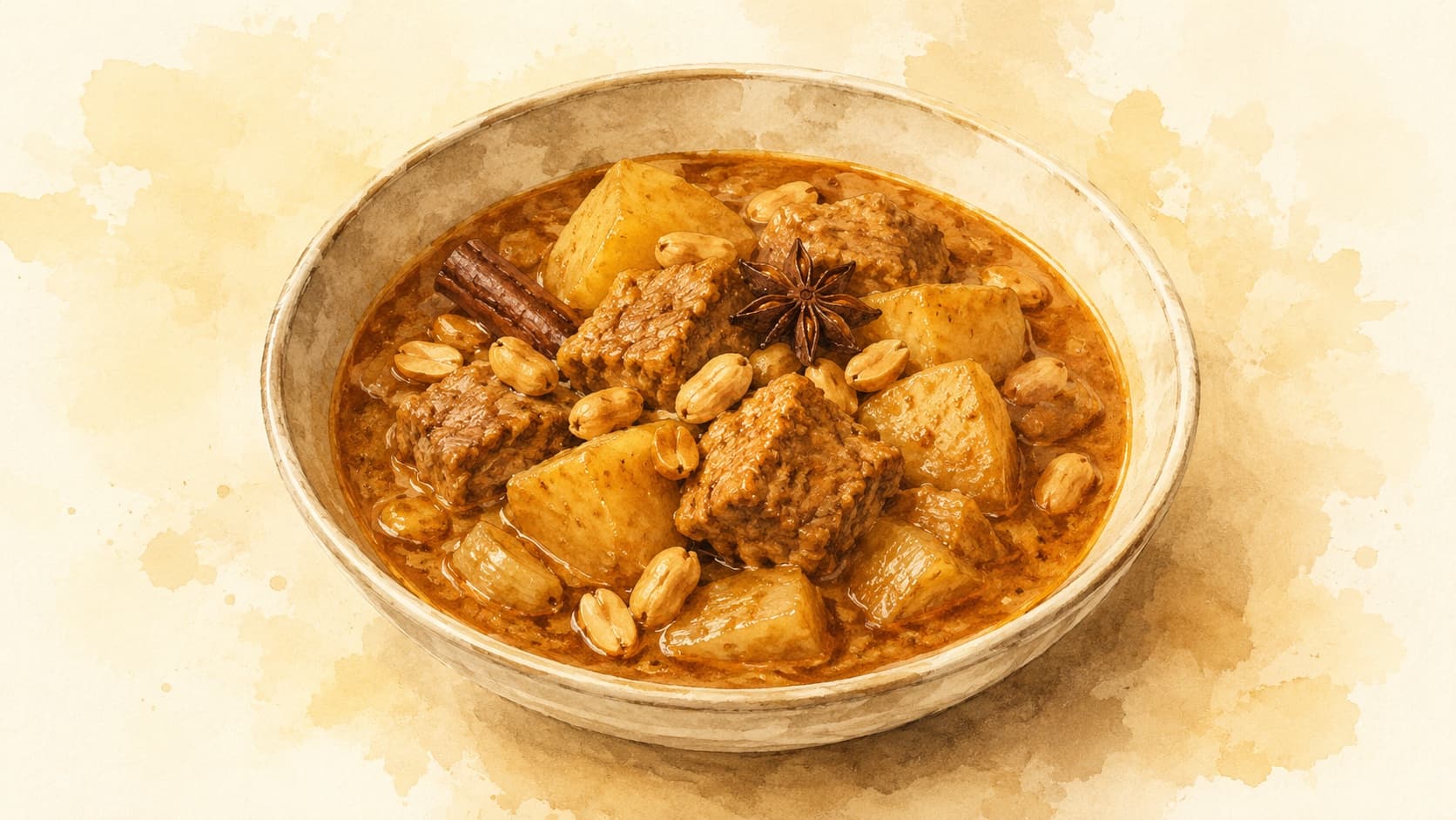 A vibrant bowl of Massaman Curry with tender chunks of beef and colorful vegetables.