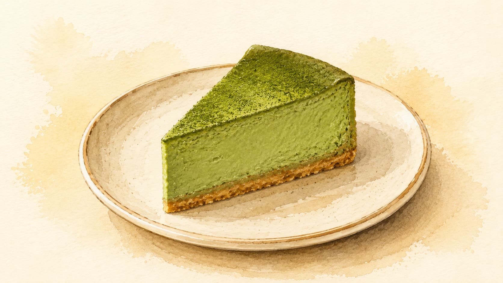 抹茶チーズケーキの美しい断面が見えるイラスト。