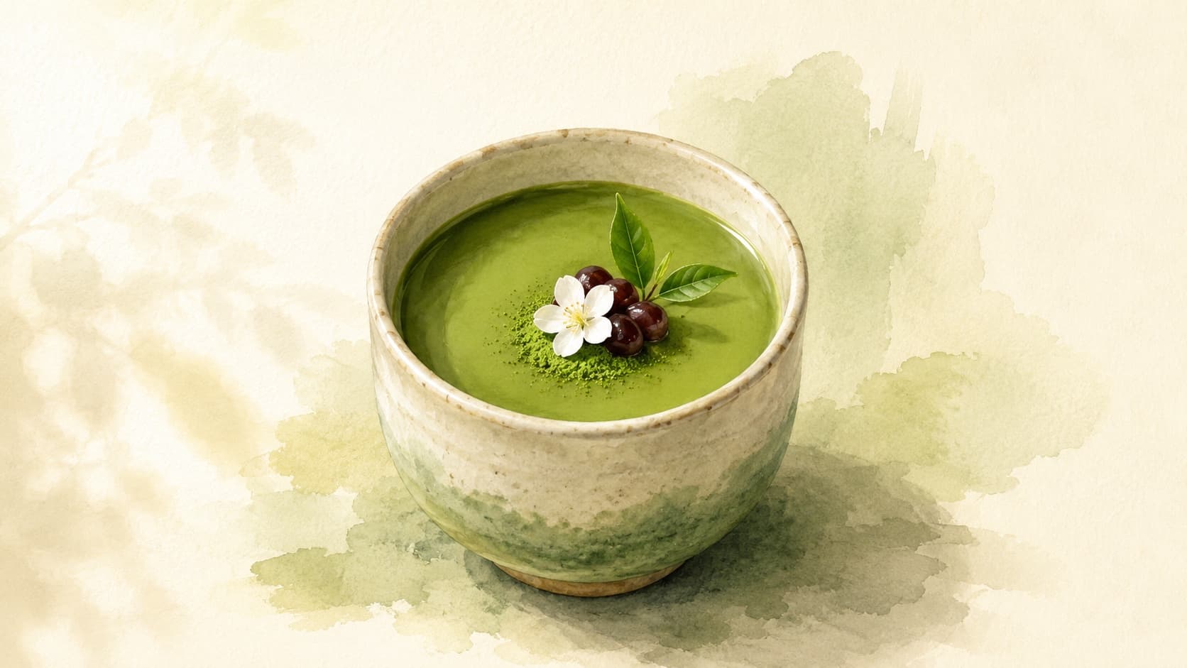 A smooth, vibrant green matcha pudding topped with a sprinkle of matcha powder.