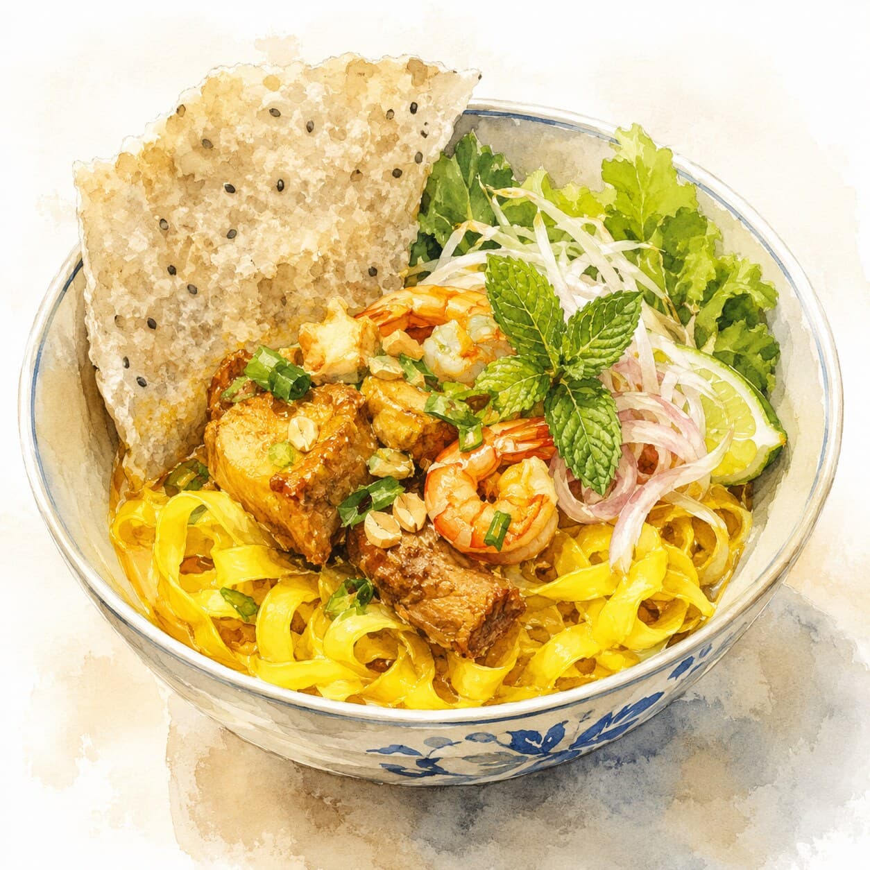 A bowl of Mì Quảng topped with fresh herbs, shrimp, and a sesame rice cracker.