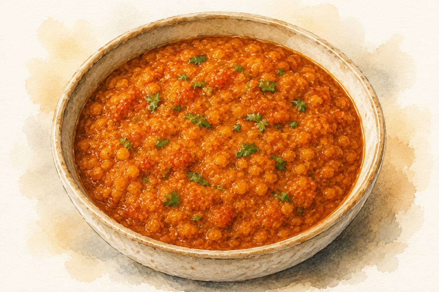 A bowl of Misir Wat with a glossy red hue, garnished with fresh herbs.