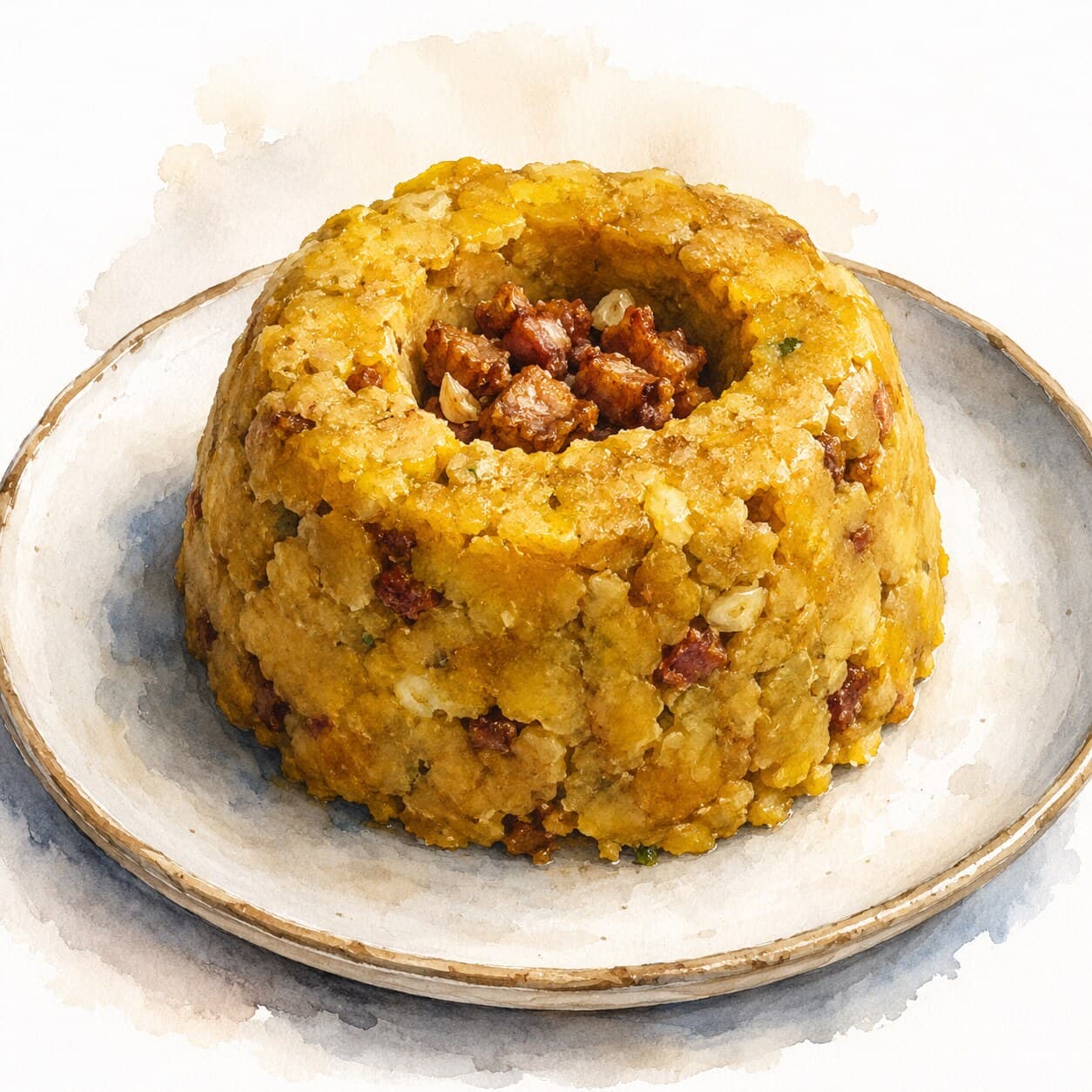 A beautifully plated mofongo dome filled with shrimp, garnished with fresh herbs.