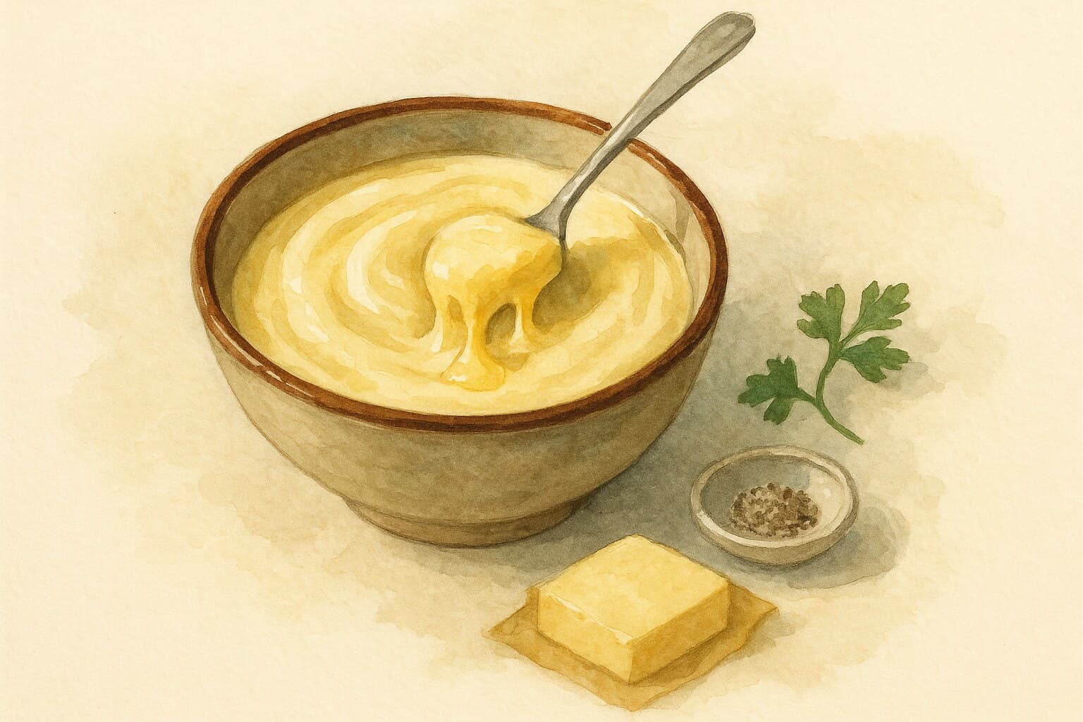 モルネーソースを使った料理の水彩画イラスト。