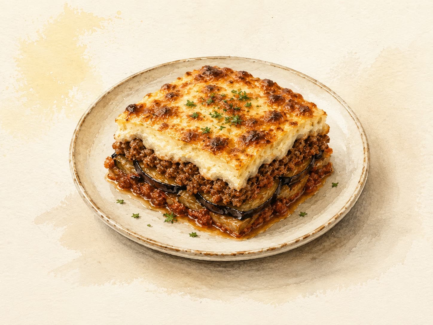 A beautifully layered moussaka with golden-brown béchamel on top.