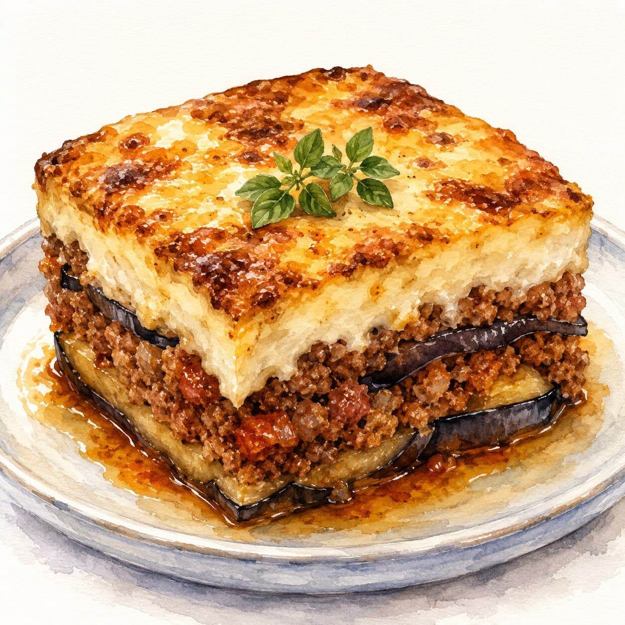 A beautifully layered Moussaka-style Eggplant with golden béchamel on top and visible layers of meat and eggplant.