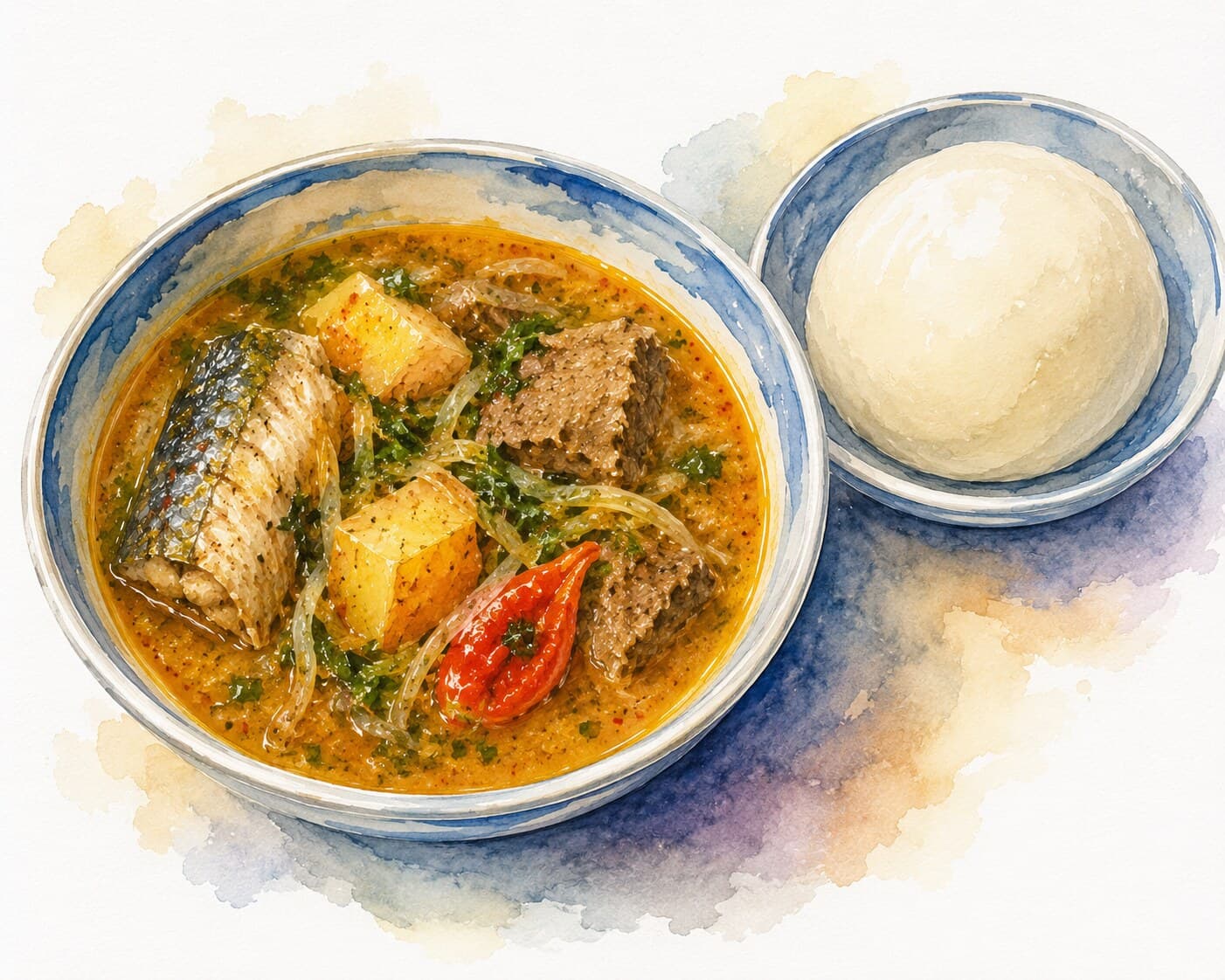 赤パーム油とオクラが使われたムアンバ・デ・ガリーニャの料理画像