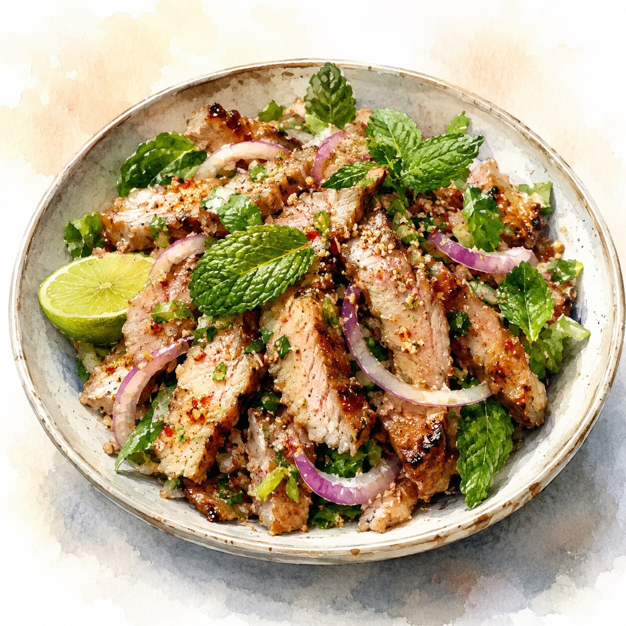 A beautifully arranged plate of Namtok Moo showcasing grilled pork slices, herbs, and chili.
