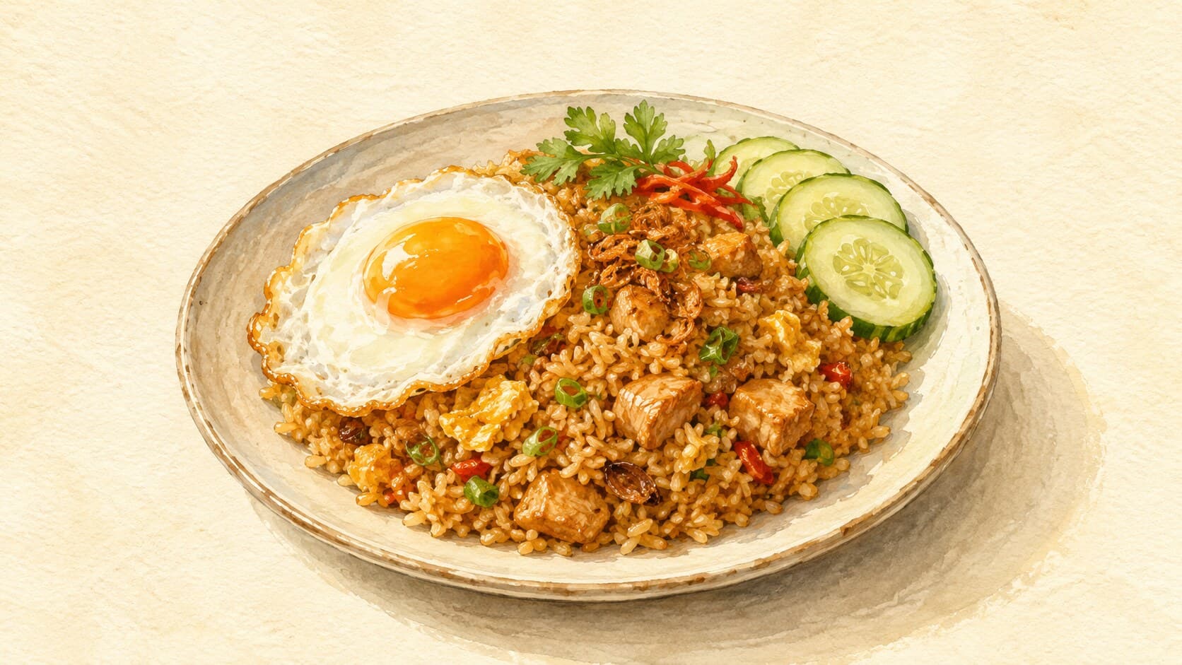 A mound of caramel-amber fried rice garnished with chili and scallion flecks, topped with a sunny-side-up egg.