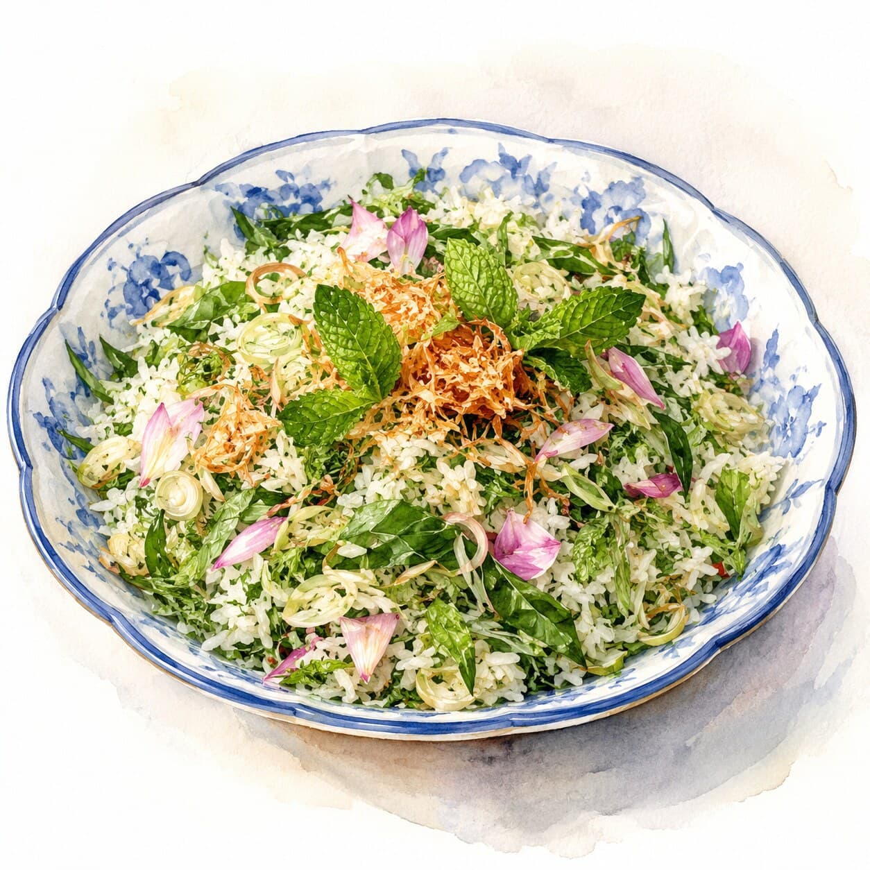 A vibrant bowl of Nasi Ulam showcasing colorful herbs and toasted coconut.