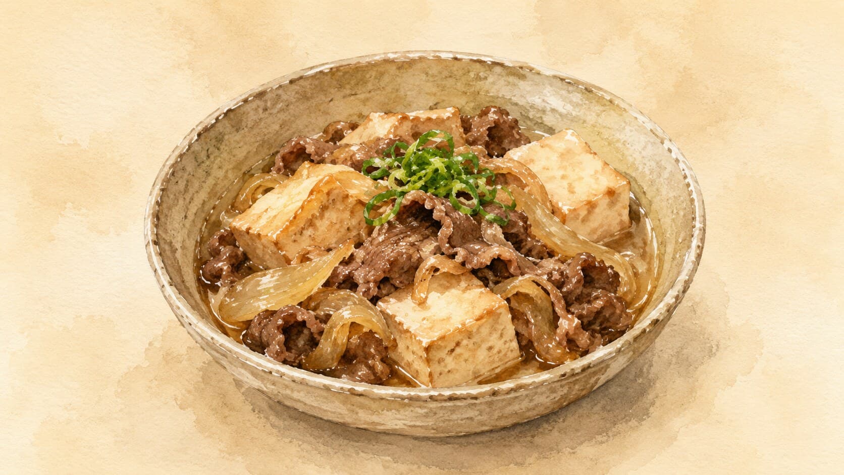 肉豆腐の料理で、スライスした豆腐、牛肉、ねぎがだしと醤油で煮込まれた様子を描いています。