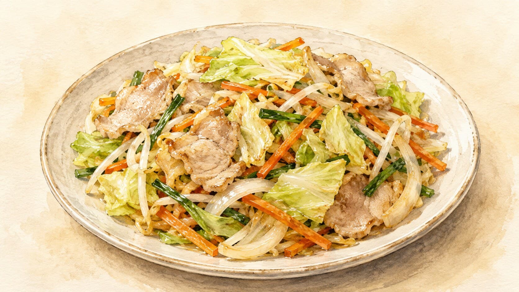 豚肉、キャベツ、ニンジン、ピーマン、玉ねぎの炒め物が深い皿に盛られている様子
