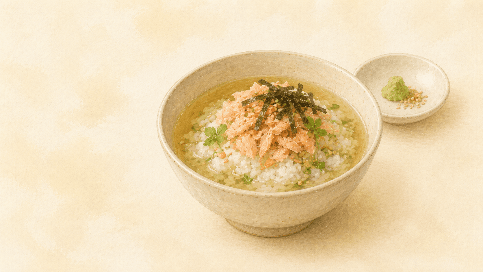 鮭のお茶漬けの椀。ほぐした鮭、海苔、ごま、薬味をご飯にのせ、熱いだしを注いだところ