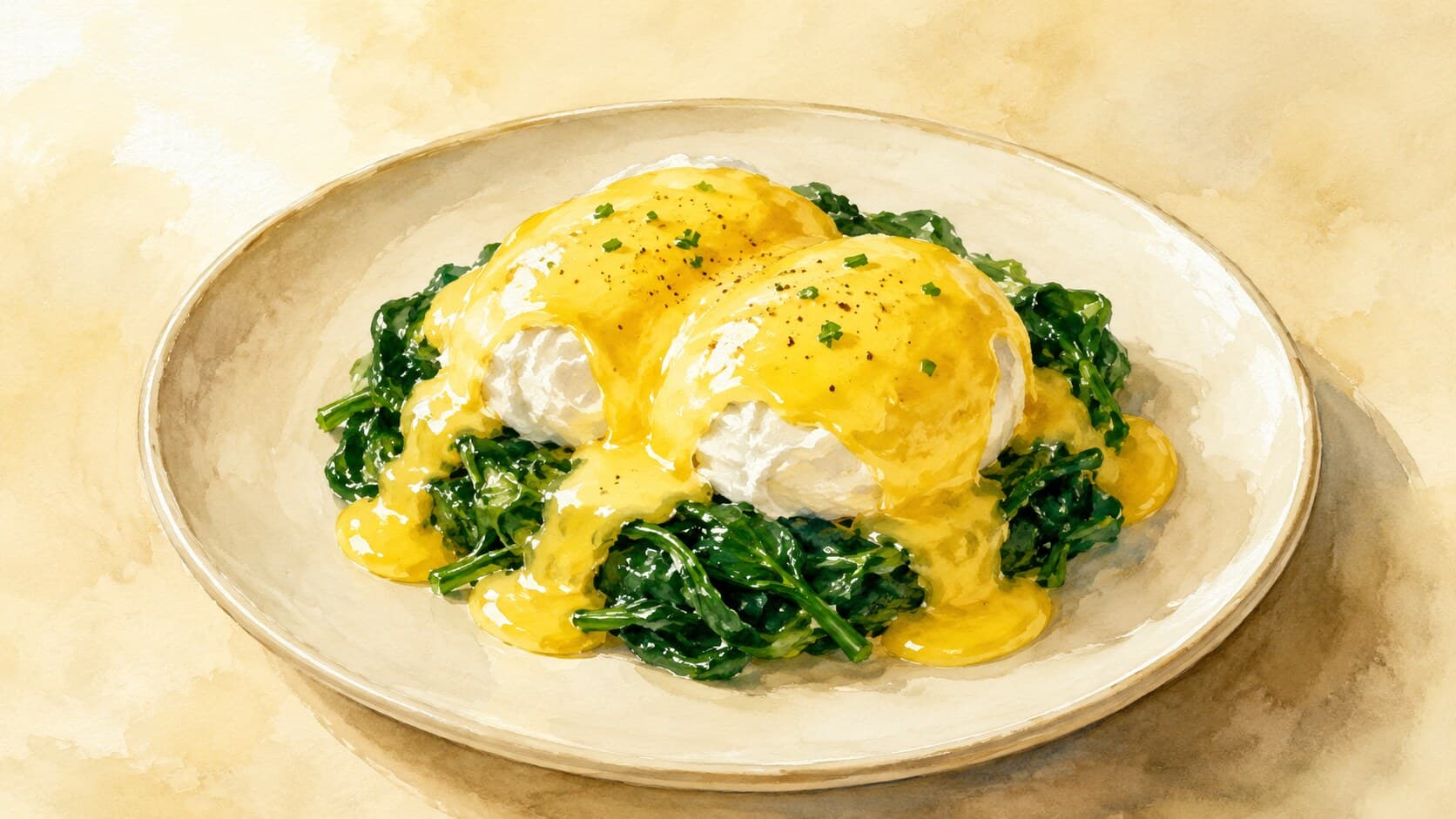 Two pale-yellow poached eggs set on a bed of dark wilted spinach, covered with a light Mornay sauce, and lightly browned.