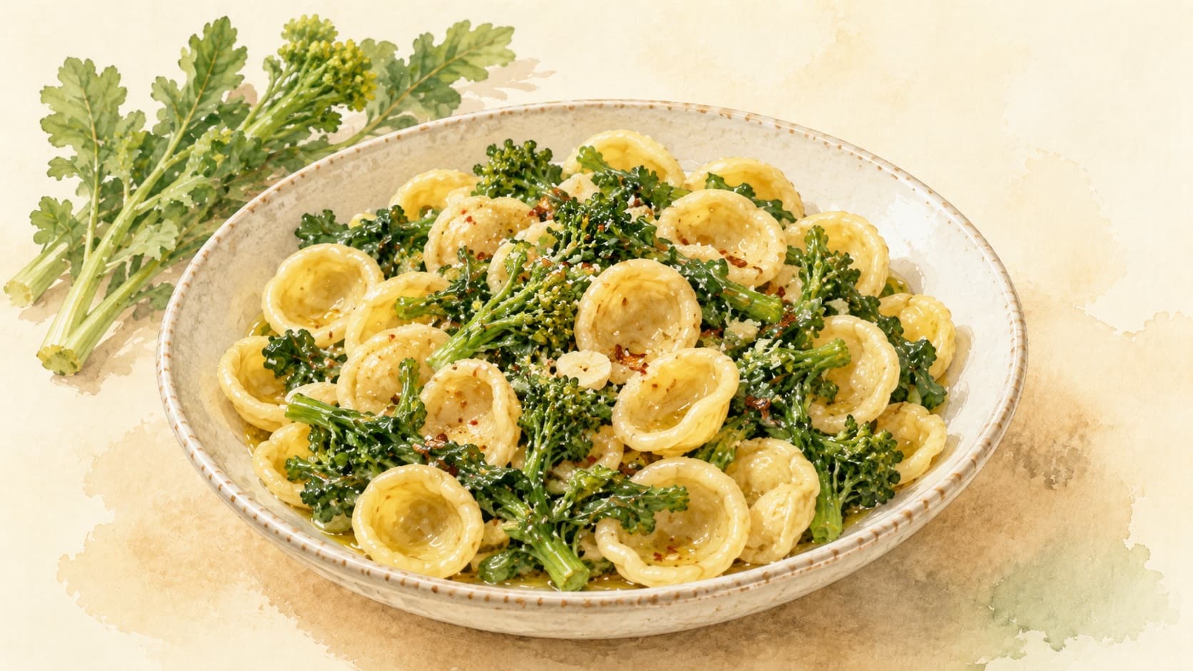 A bowl of orecchiette pasta tossed with bright green cime di rapa and a drizzle of olive oil.