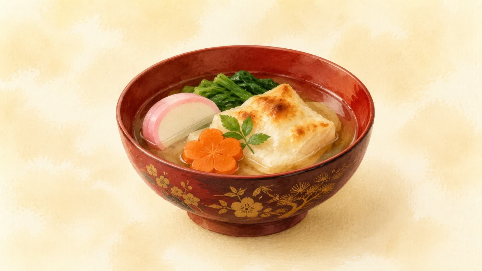 色とりどりの具材が入ったお雑煮の美しい盛り付け