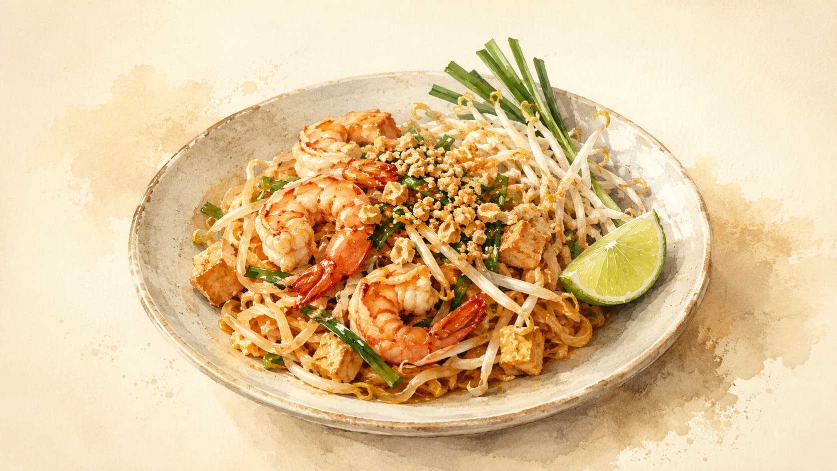 A colorful plate of Pad Thai with shrimp and lime.