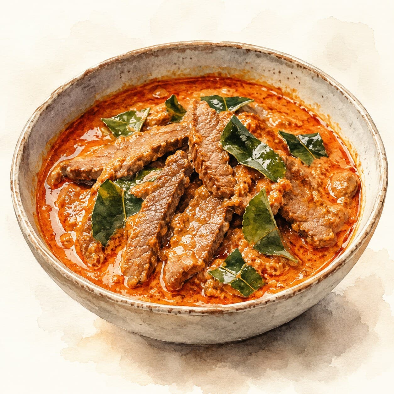 A vibrant bowl of Panang Curry, featuring tender beef slices and a sprinkle of crushed peanuts.