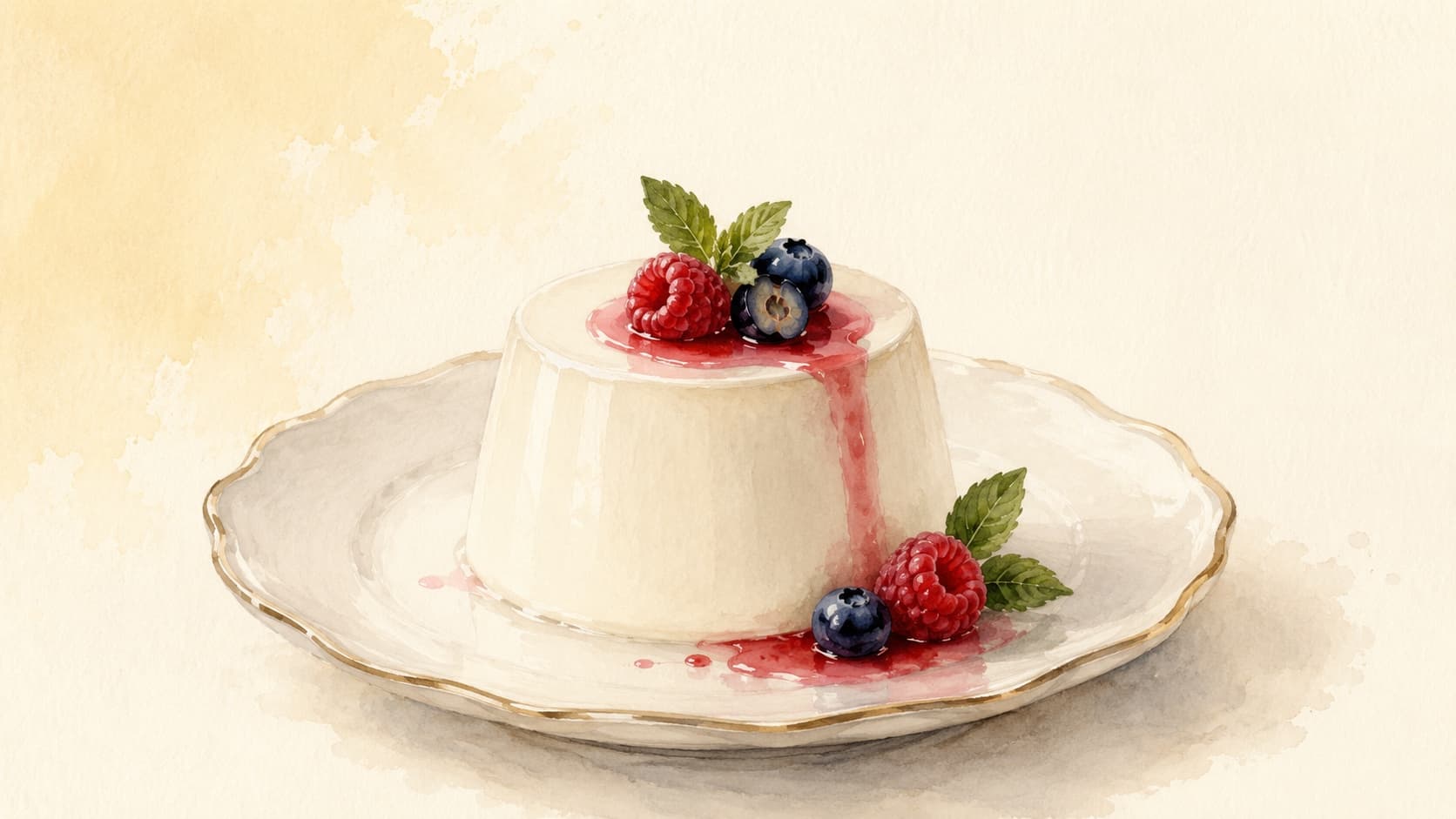 A smooth, creamy panna cotta topped with fresh berries.