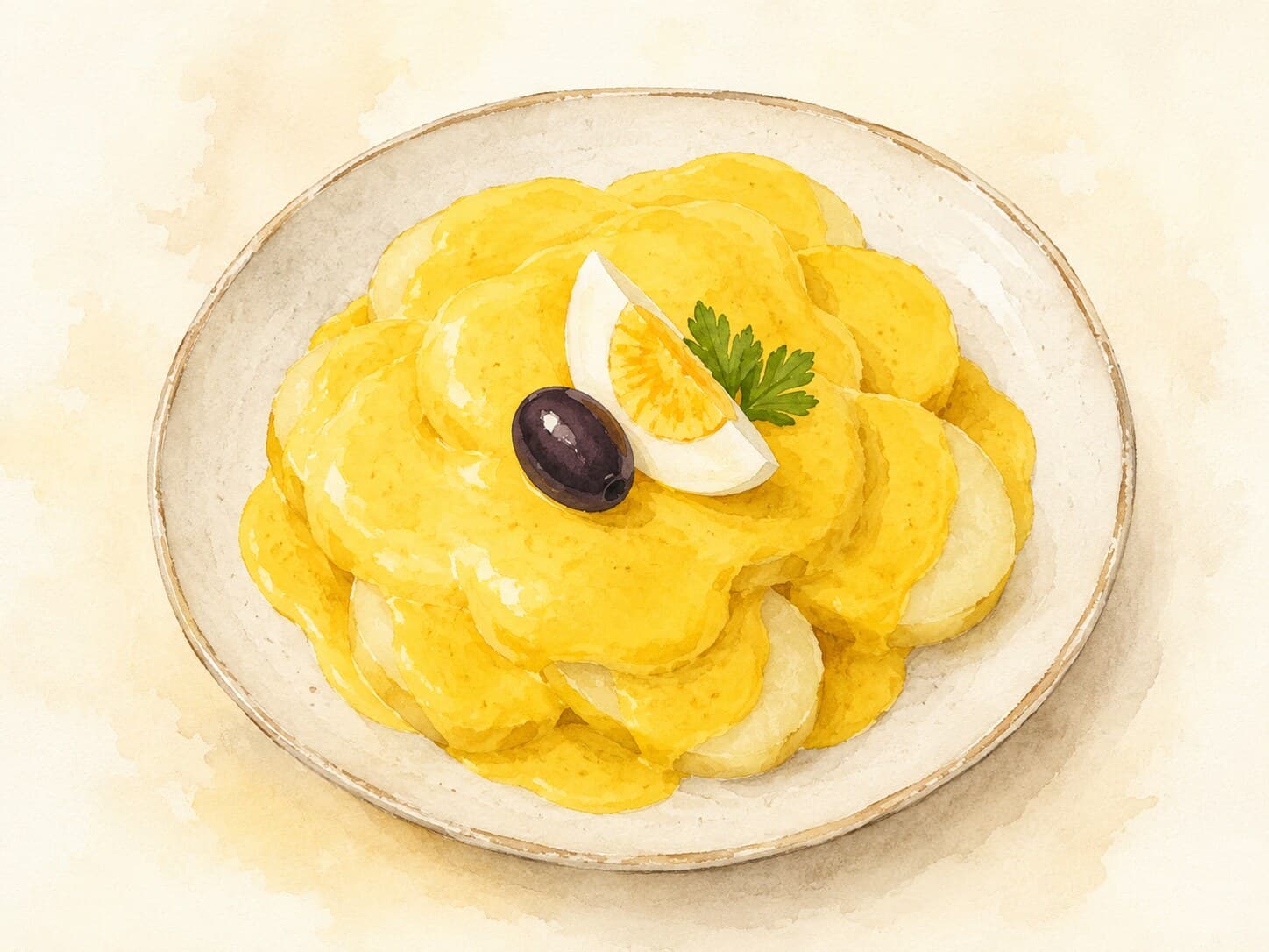 A plate of Papa a la Huancaina with bright yellow cheese sauce over boiled potatoes.