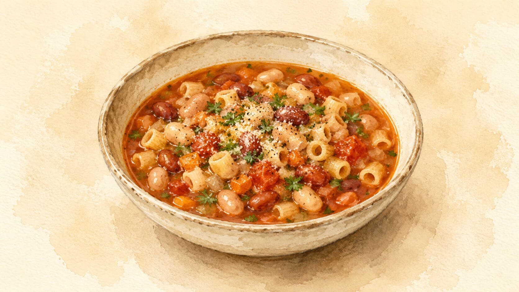 A wide shallow bowl filled with brown-amber bean and pasta soup, garnished with parsley and parmesan.