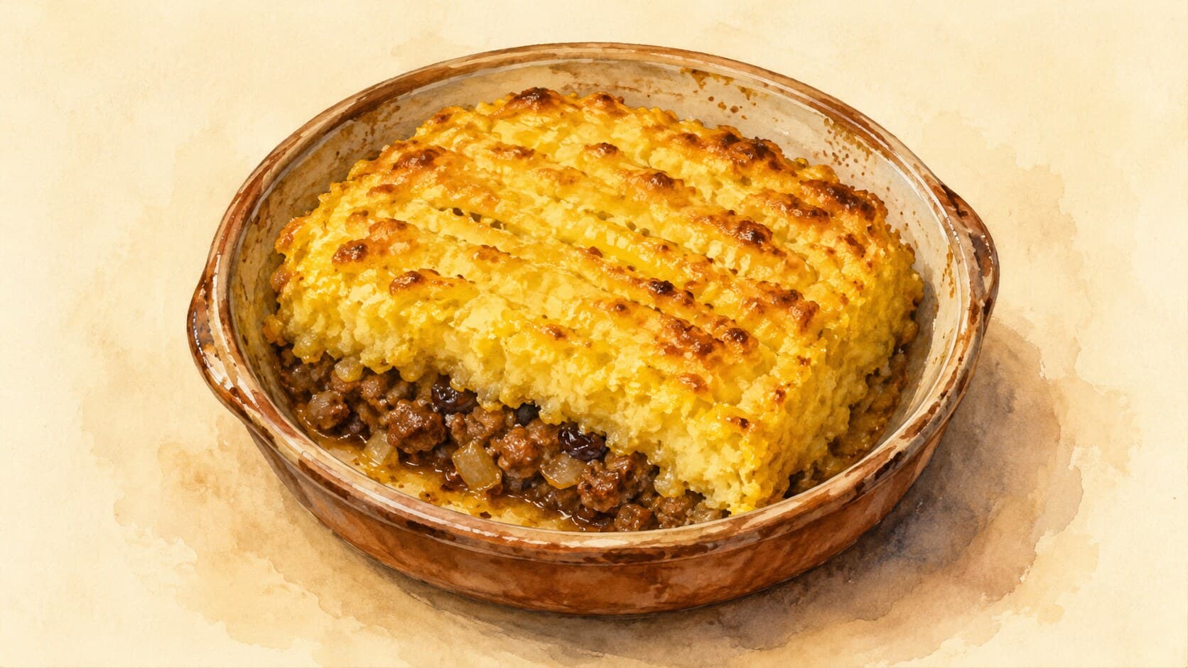 A golden-brown corn-pudding topped dish in an earthenware bowl, with dark beef pino visible around the edges.