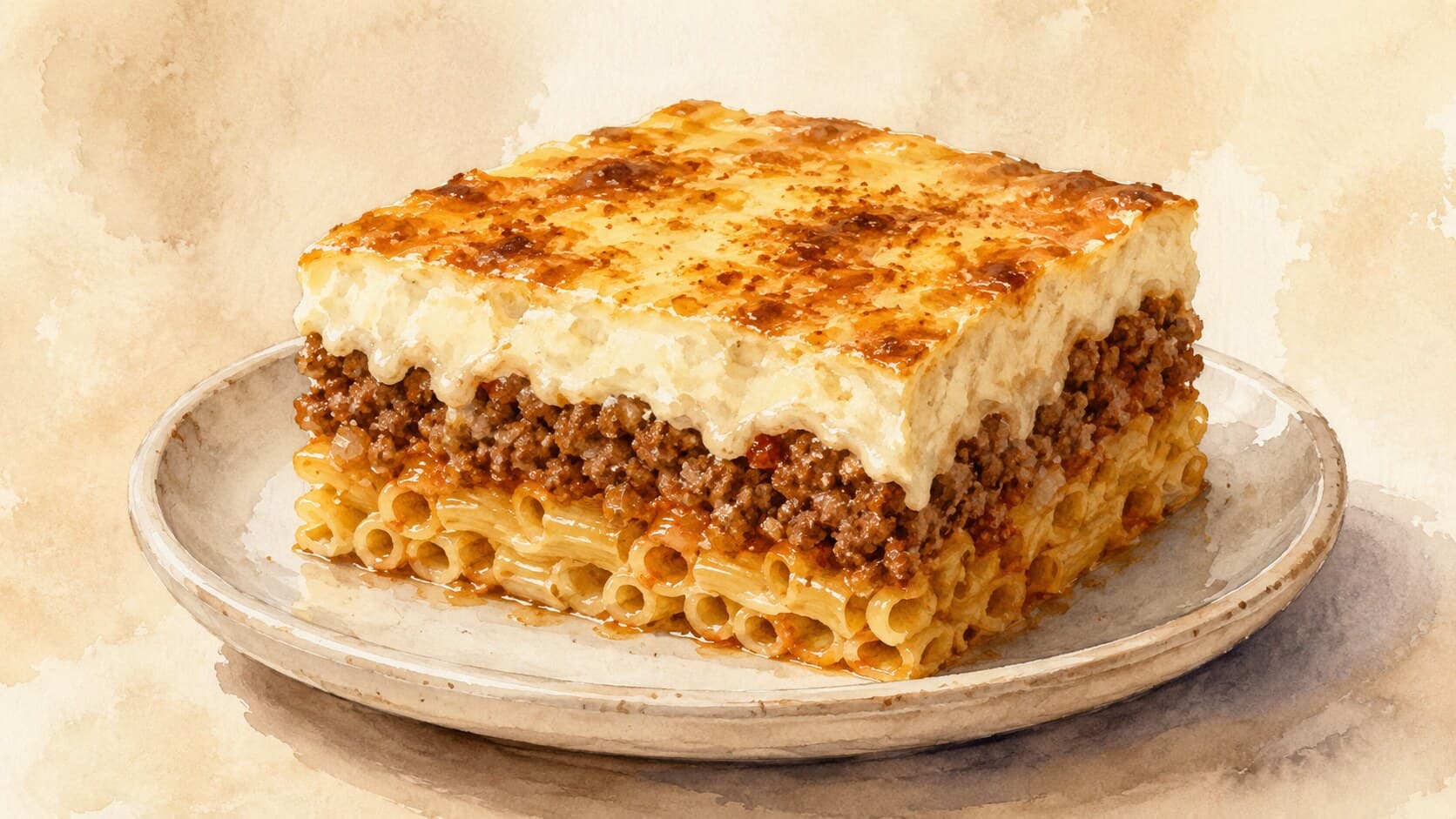 焼き上がったパスティツィオの断面図、パスタ、ラム層、ベシャメルが美しく重なっています。