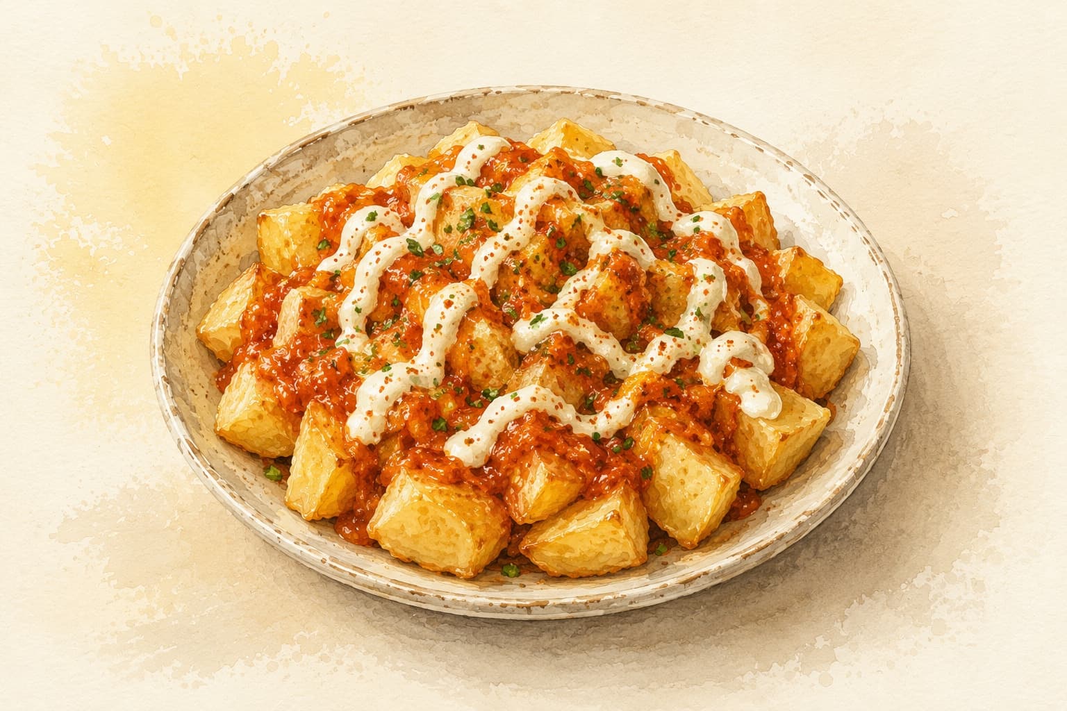 Golden-brown crispy potatoes topped with a vibrant red sauce.
