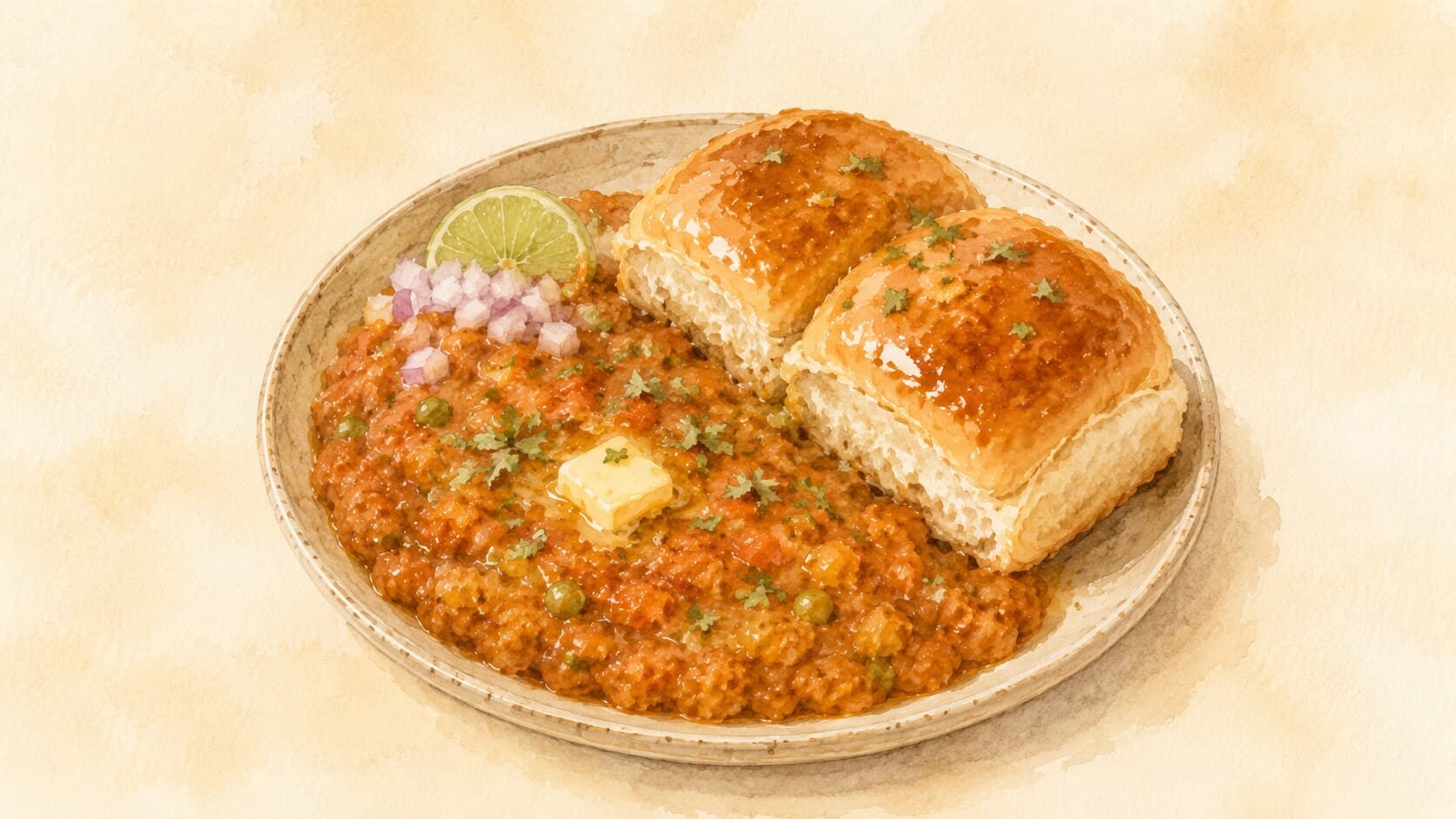 バターが乗ったマッシュ野菜カレーとトーストされたバンズの盛り付け。