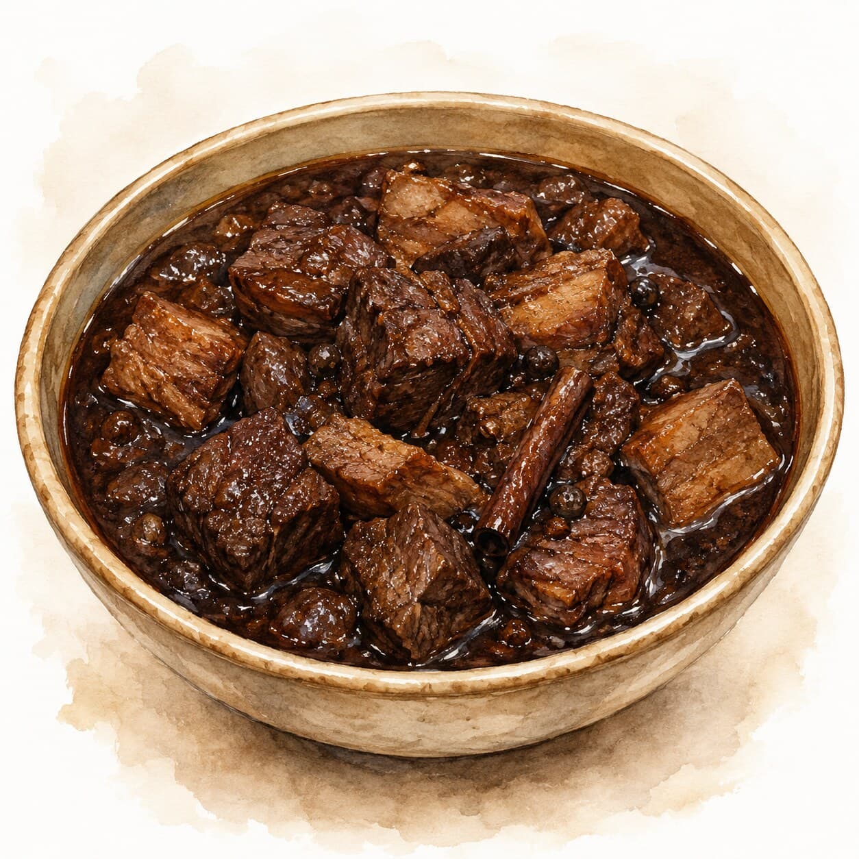 A beautifully arranged bowl of pepperpot with tender meat and vibrant spices.
