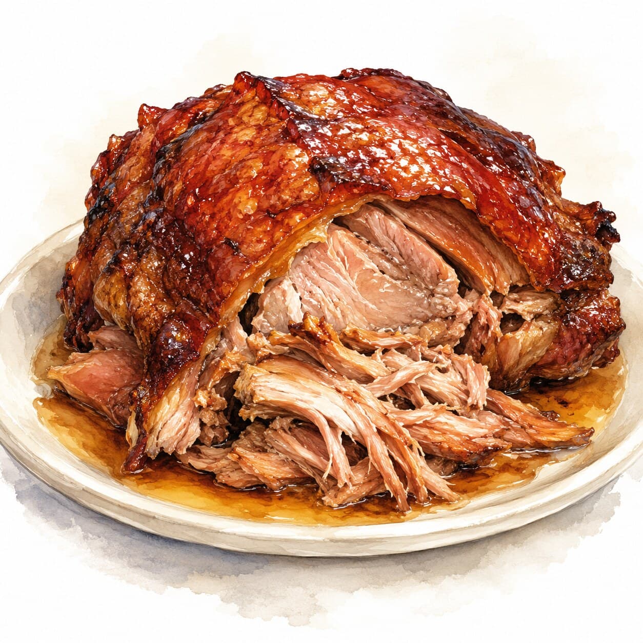 A beautifully presented plate of succulent roasted pork shoulder with crispy skin and vibrant garnishes.