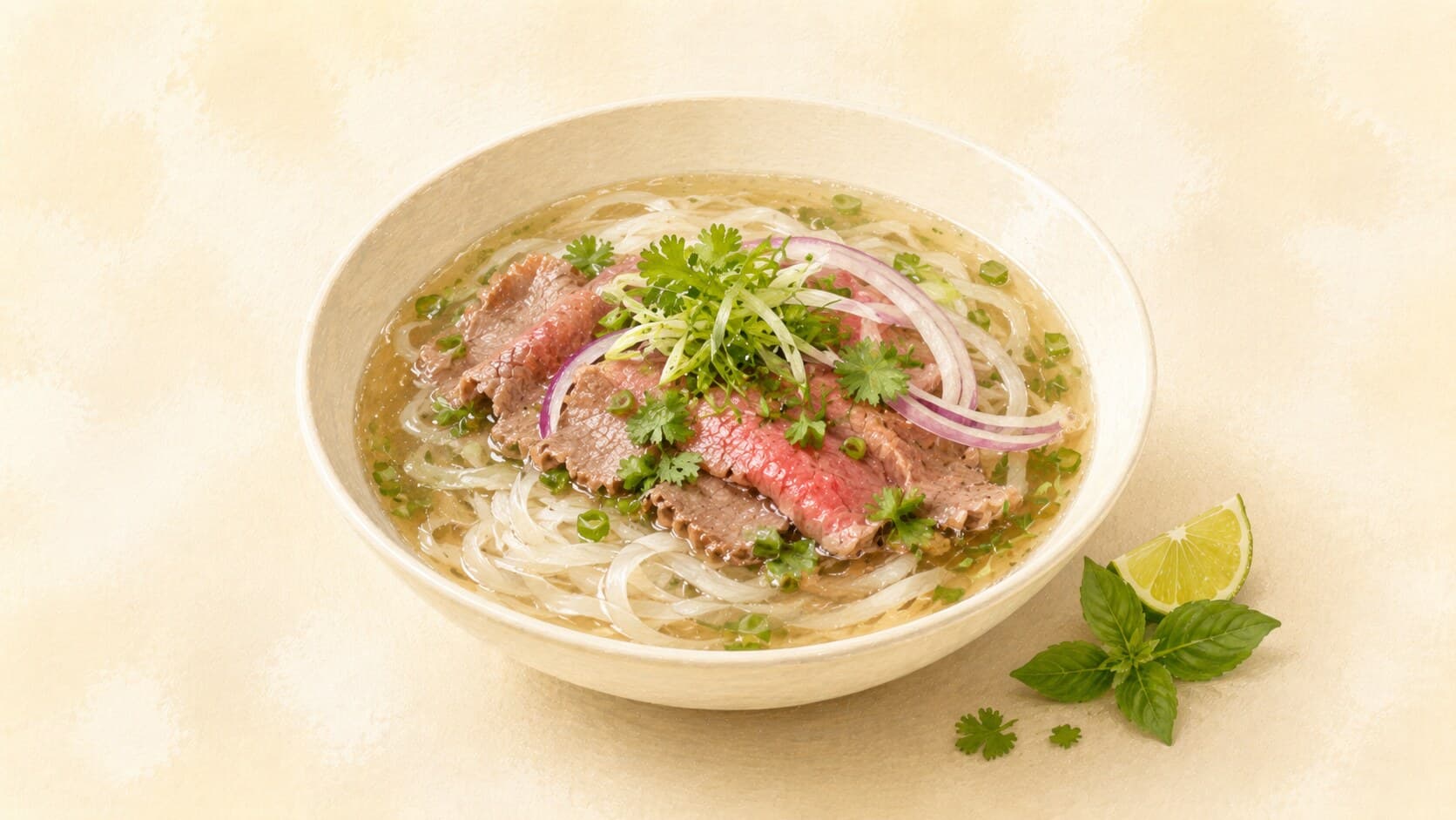 白い深皿に注がれた澄んだ琥珀色のフォースープ、薄切りの牛肉と米麺、新鮮なハーブ、ライムのひと切れがのっている