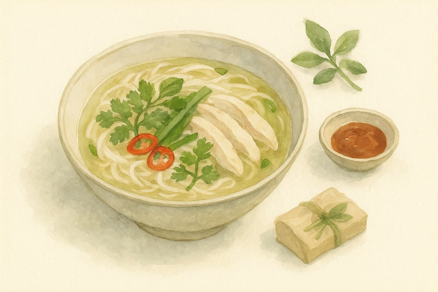 A clear bowl of Vietnamese chicken pho with rice noodles, sliced chicken, fresh herbs, and lime on the side.