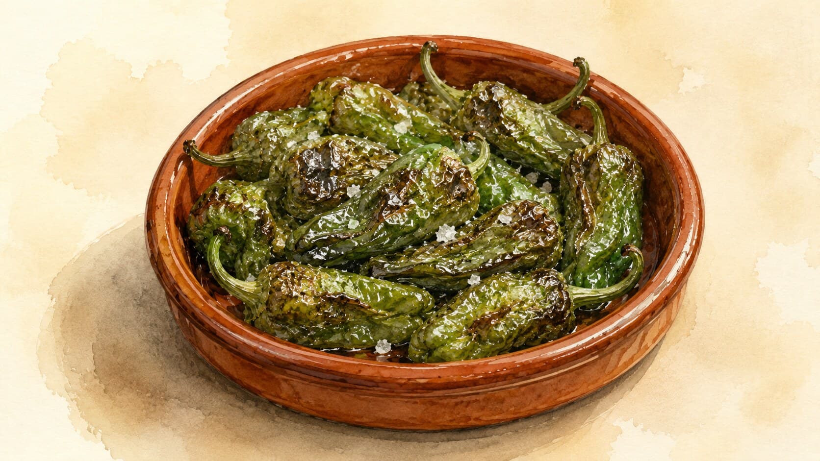 A pile of blistered small green peppers in a brown clay cazuela, sprinkled with flaky white salt.