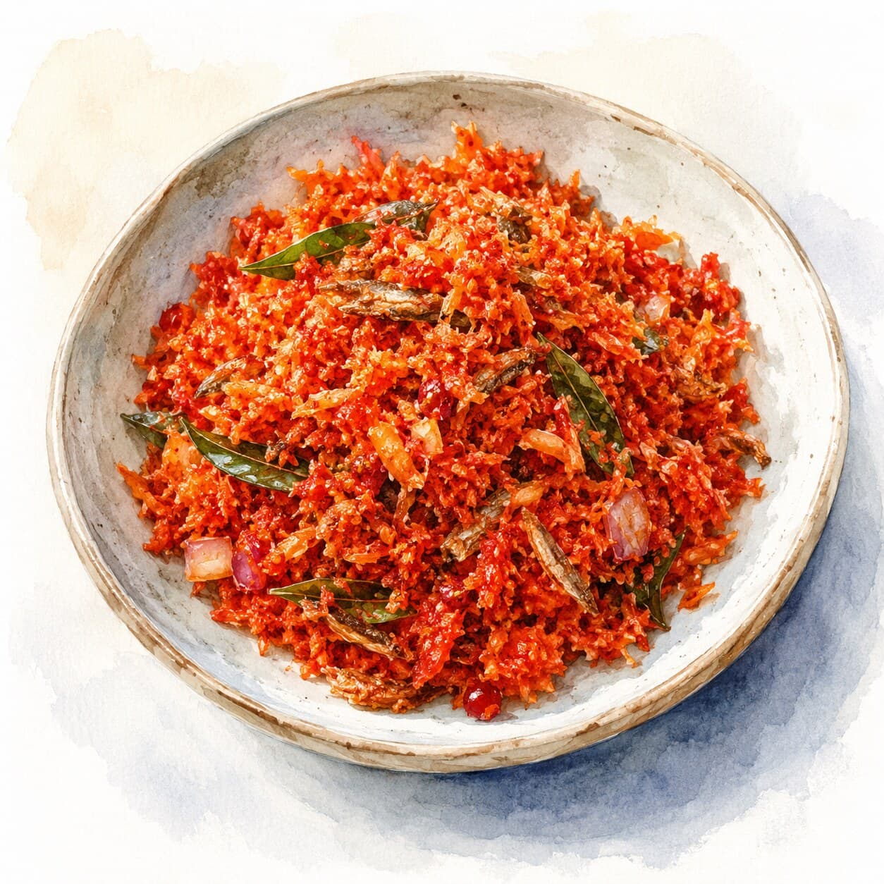 A vibrant bowl of Pol Sambol, showcasing grated coconut and red chilies.