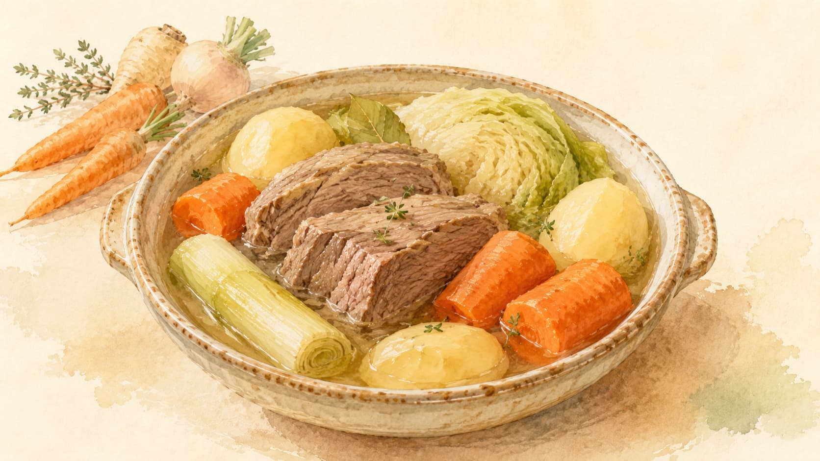 ポトフの皿に盛られた牛肉と色とりどりの野菜の美しい盛り付け。