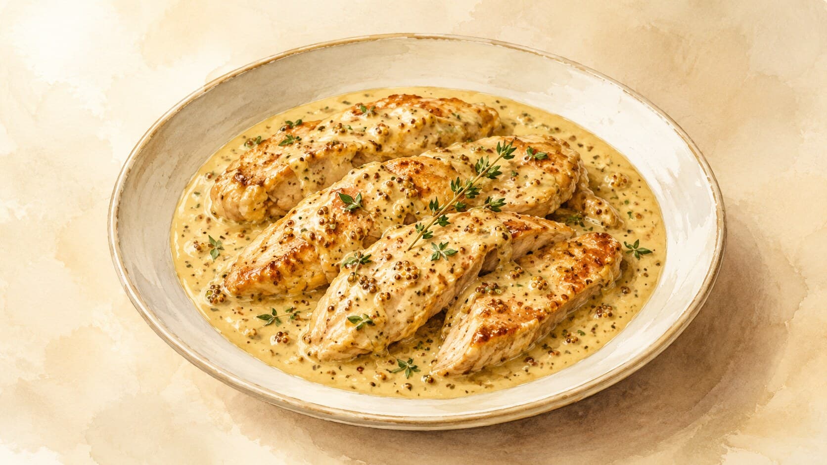 Bone-in chicken pieces browned amber, in a glossy pale-yellow mustard cream sauce with scattered tarragon leaves.