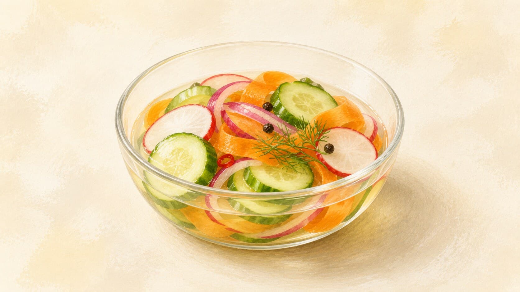 A glass jar of bright-toned pickled vegetables — cucumber, carrot, red onion strands — the brine clear and the lid resting at an angle