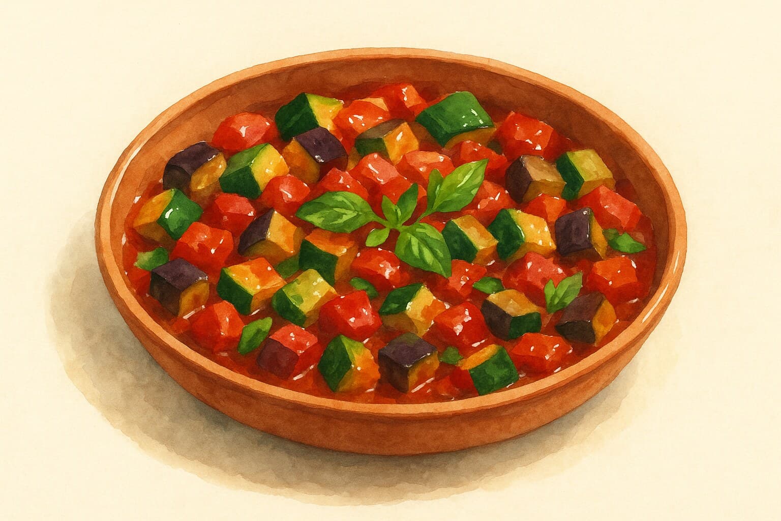 A shallow earthenware dish of cooked ratatouille with visible cubes of eggplant, zucchini, red bell pepper, and tomato — each vegetable retaining its color and shape, glossy with olive oil